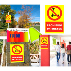 Cartel PROHIBIDO PATINETES fondo FLUORESCENTE. Panel sandwich Aluminio 3mm